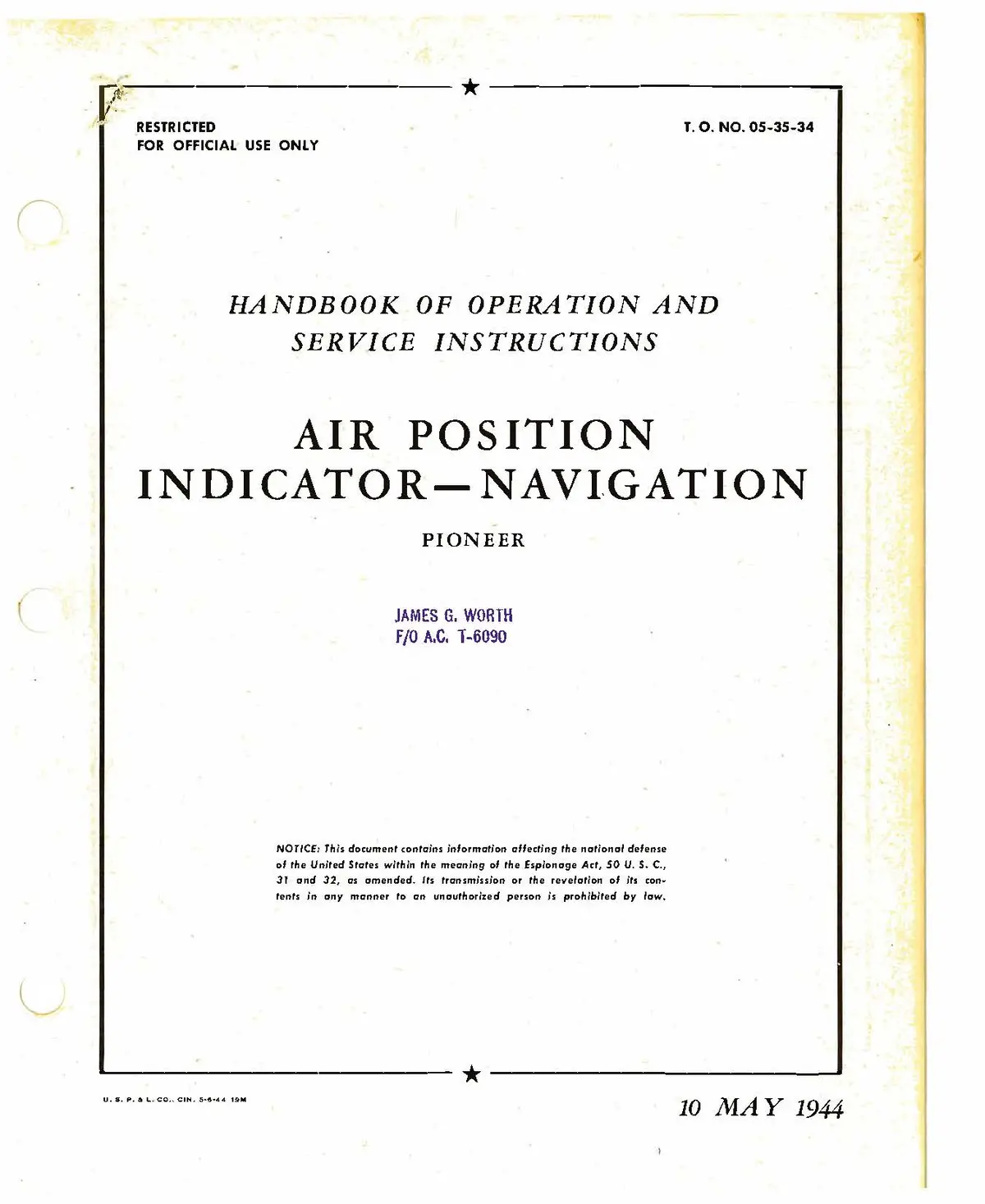 Pioneer Air Position Indicator - Navigation Handbook Of Operation And Service Instructions (05-35-34) 1