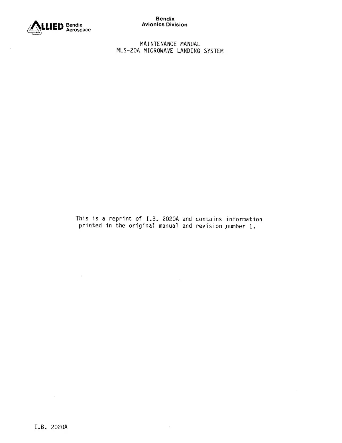 Bendix Mls-20A Microwave Landing System Maintenance Manual (I.B.2020A) 1