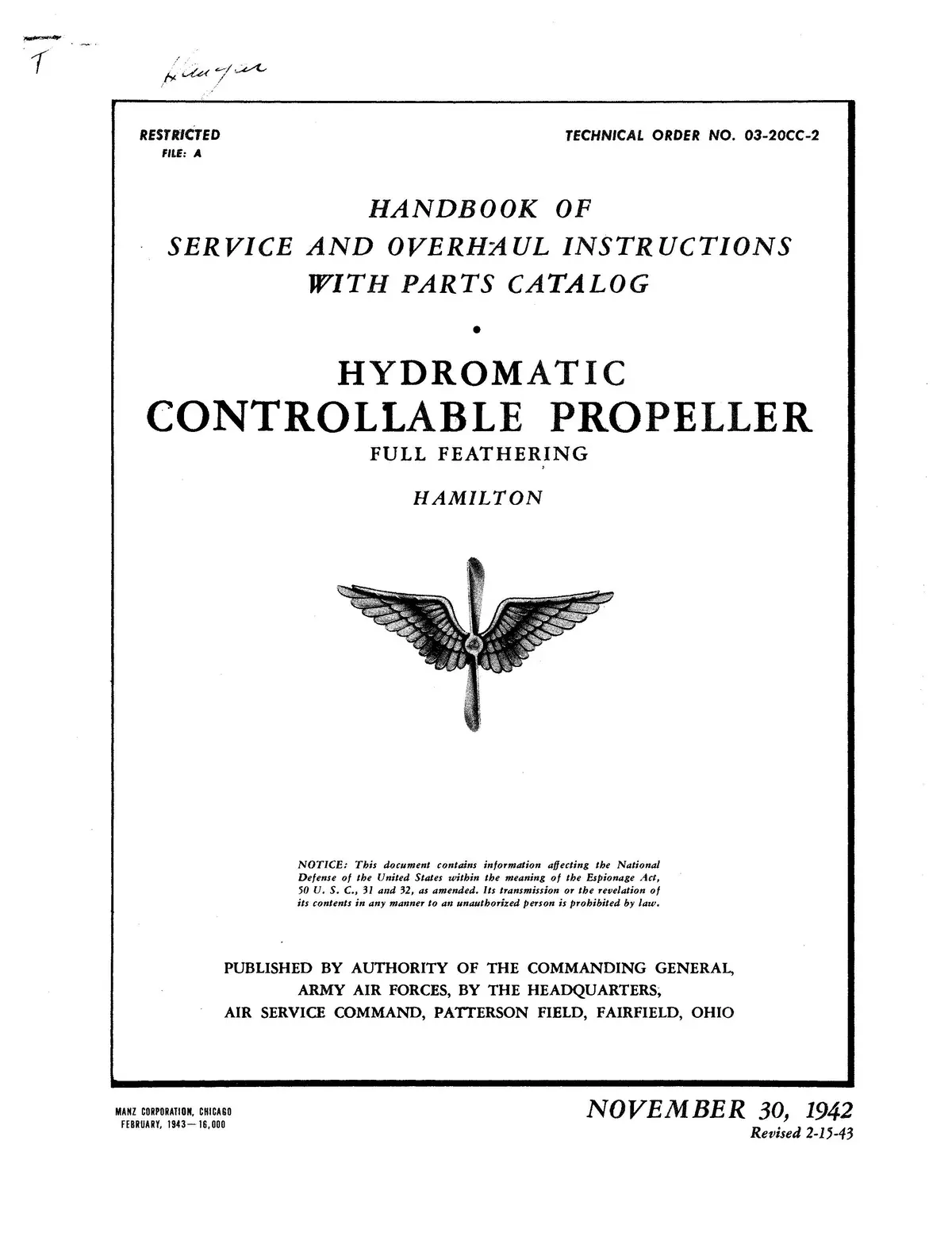 Hamilton Standard Hydromatic Controllable Propeller Service, Overhaul & Parts (03-20Cc-2) 1