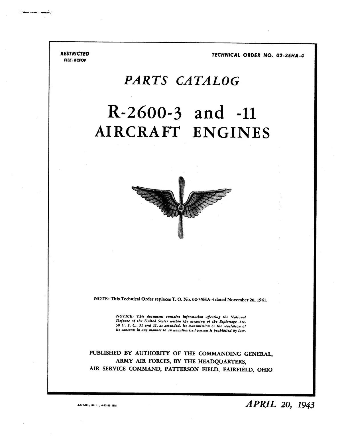 Wright Aeronautical R-2600-3 And -11 Aircraft Engines Parts Catalog (02-35Ha-4) 1