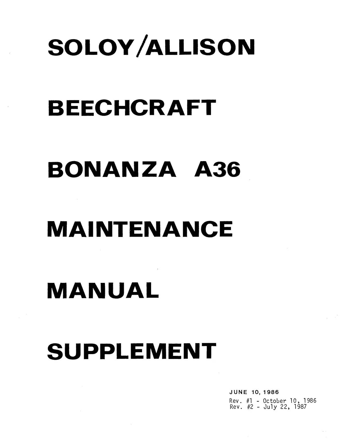Soloy-Allison Beech Bonanza A36 Maintenance Manual Supplement 1