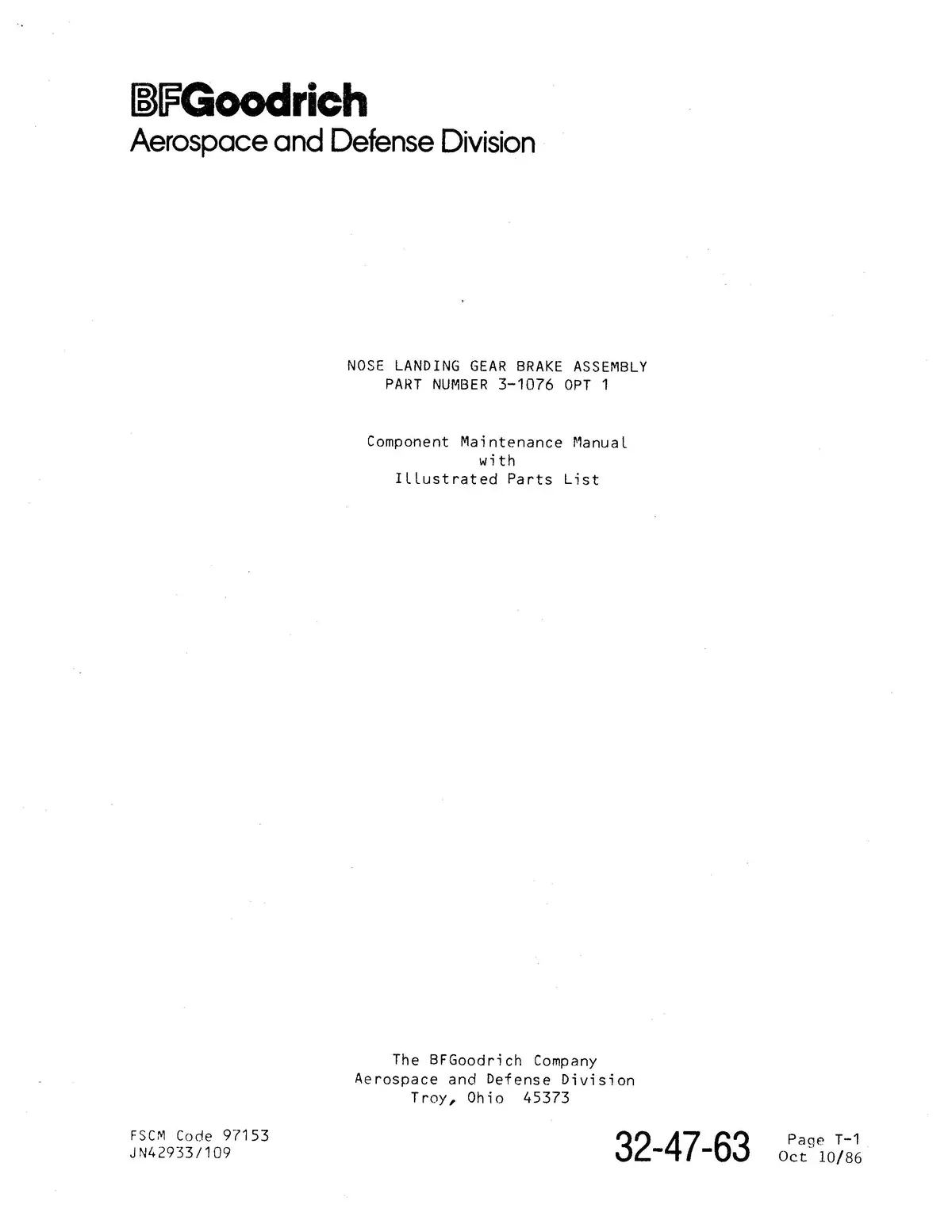 B.F. Goodrich 3-1076 Opt1 Nose Landing Gear Brake Assembly Component Maintenance Manual With Illustrated Parts (Jn42933/109) 1