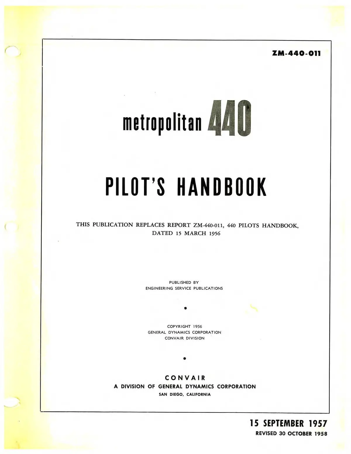 Convair Metropolitan 440 Pilot's Handbook (Zm-440-011) 1