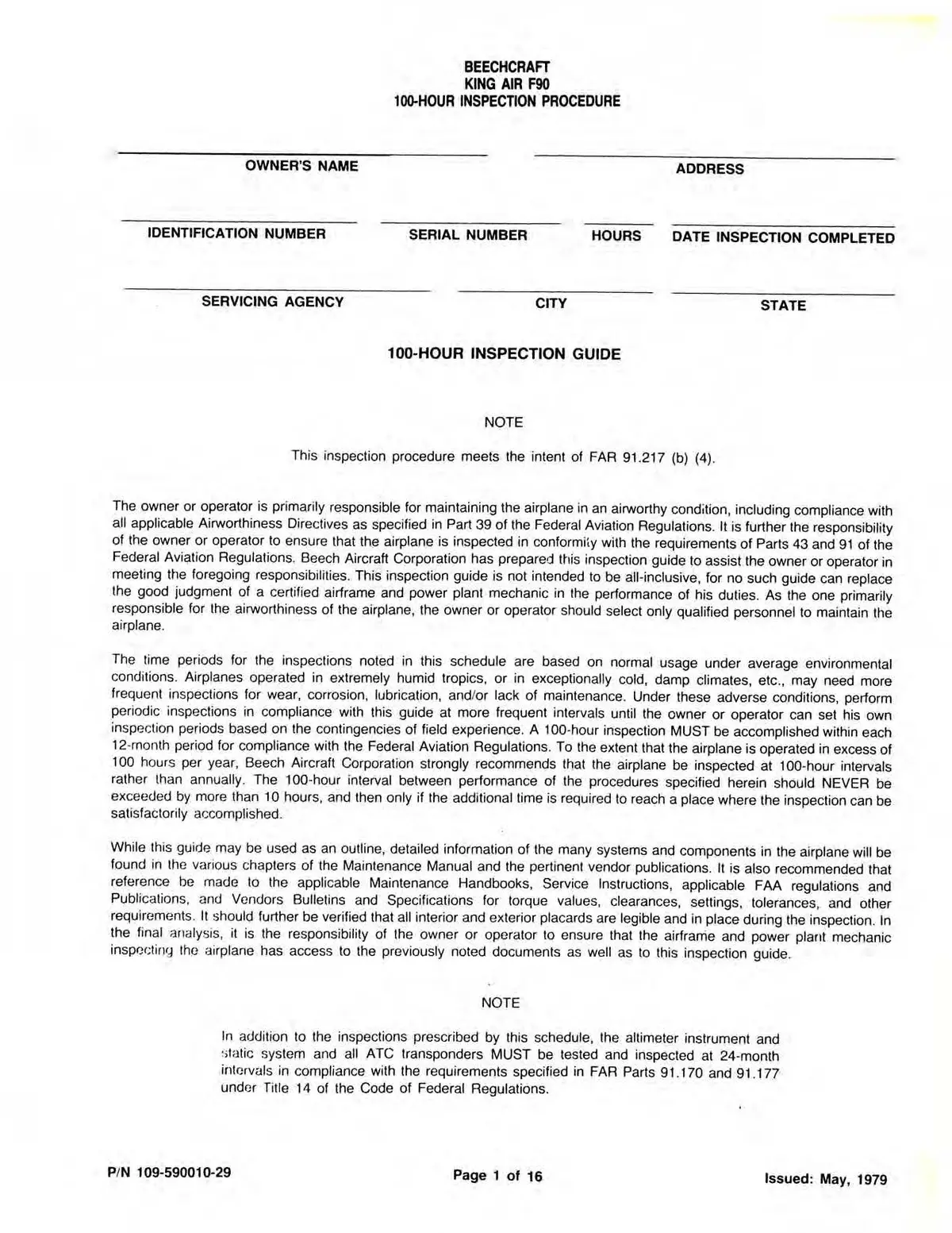 Beech King Air F90 100 Hour Inspection Procedure Manual (109-590010-29) 1