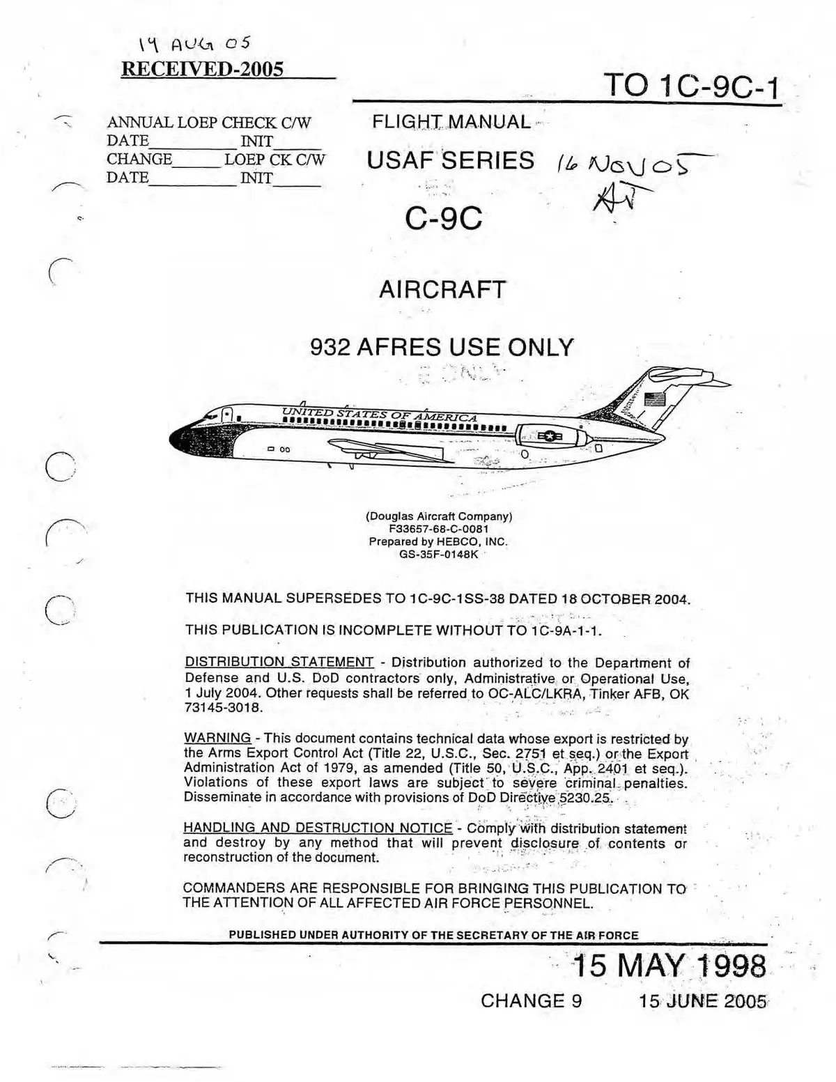 Mcdonnell Douglas C-9C Flight Manual (1C-9C-1) 1