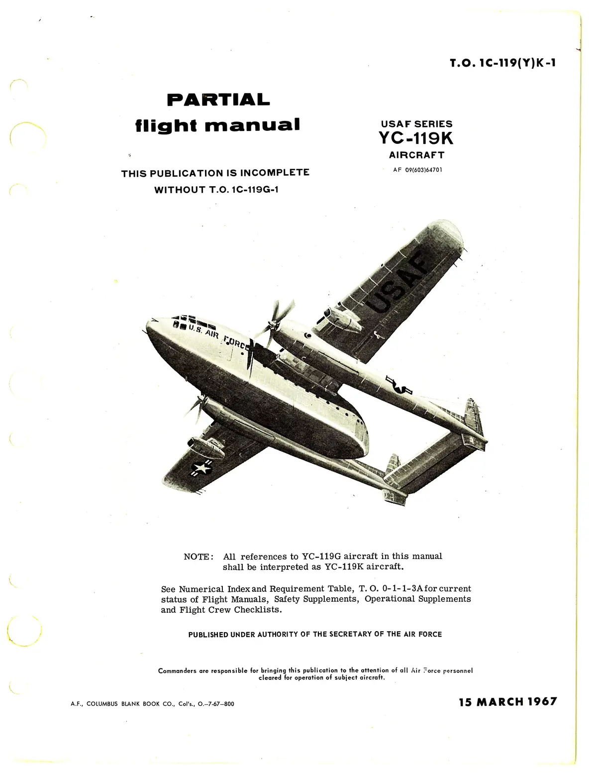 Fairchild Yc-119K Usaf Series 1967 Partial Flight Handbook (1C-119(Y)K-1) 1