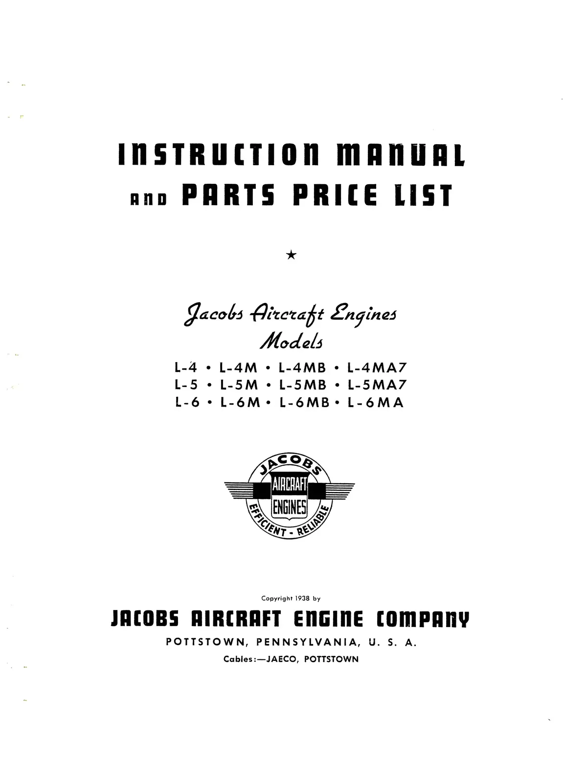 Jacobs L-4, M, Mb, Ma7, L-5, M, Mb, Ma7, L-6, M, Mb, Ma Instruction With Parts Price List 1