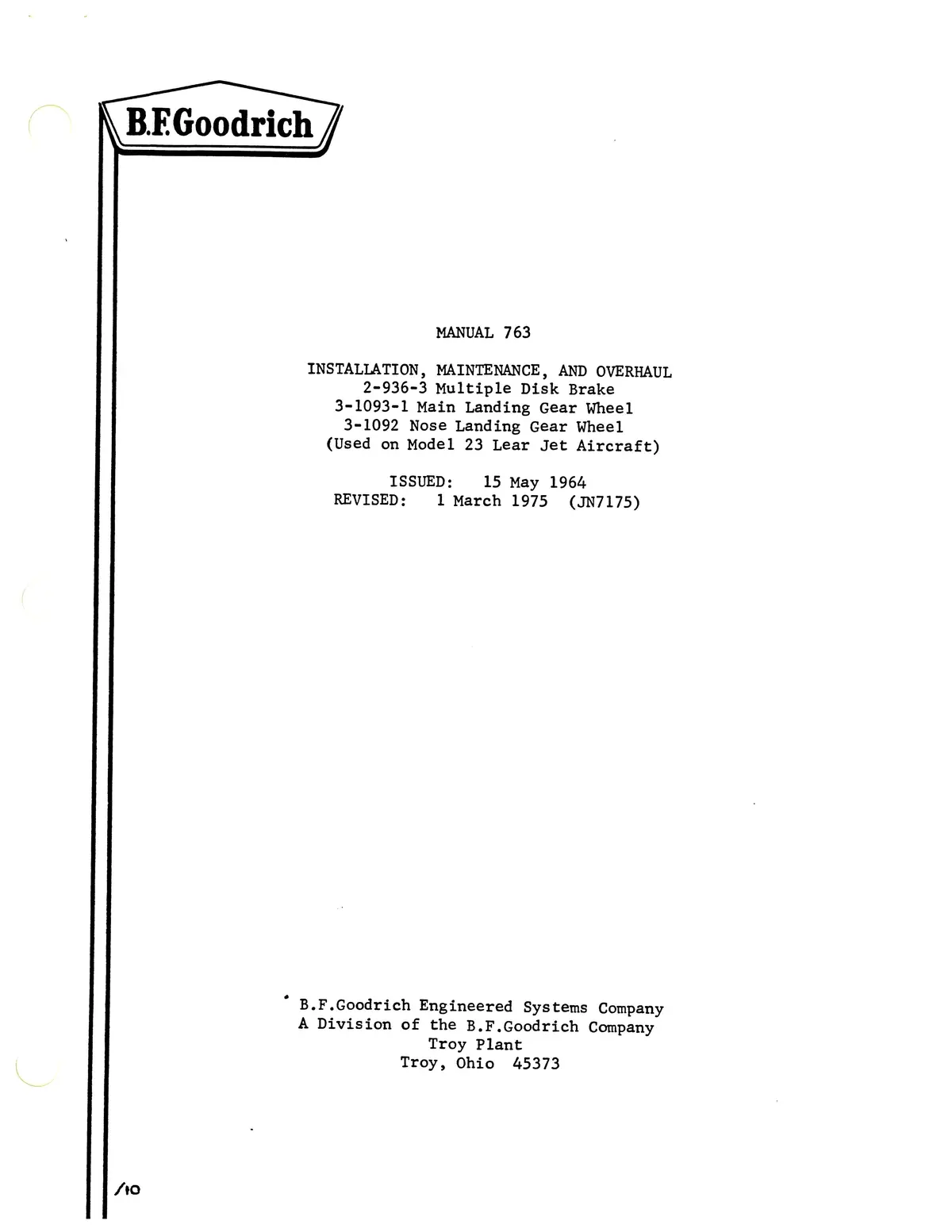 B.F. Goodrich Manual 763 Learjet Installation, Maintenance, Overhaul (763) 1