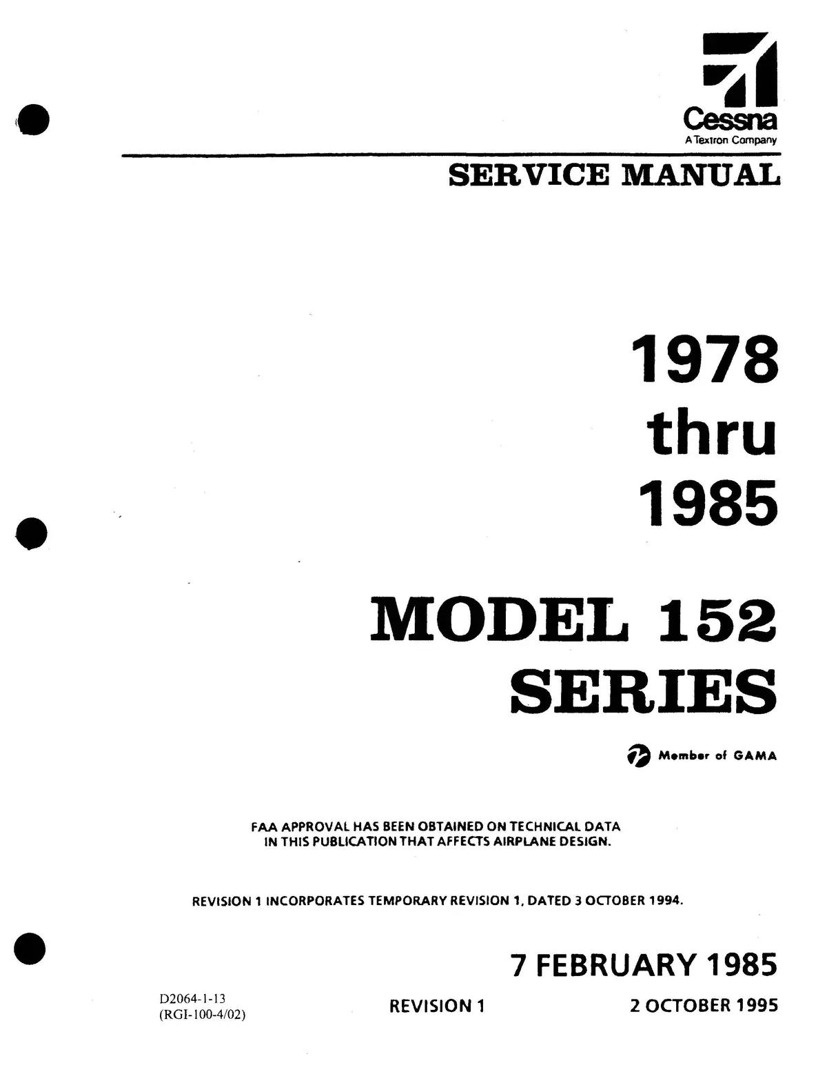 Cessna Model 152 Series 1978 Thru 1985 Service/Maintenance Manual 1