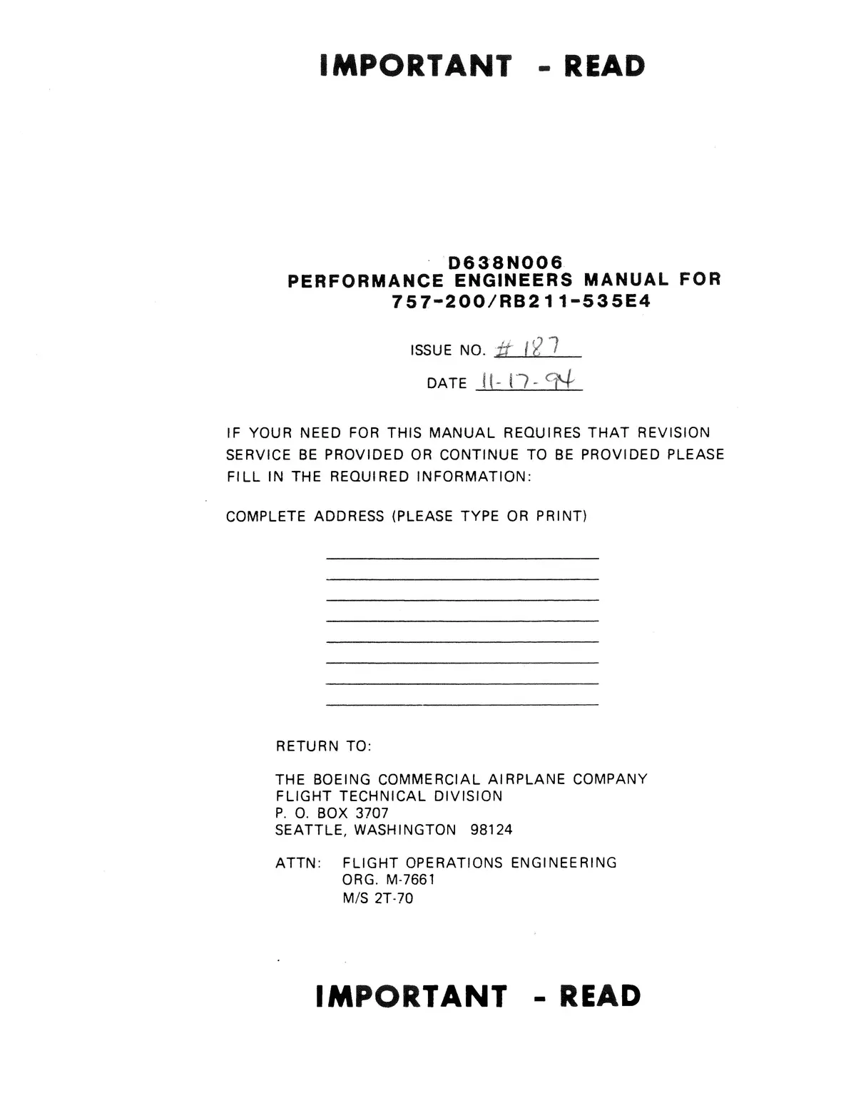 Boeing 757-200 Performance Engineers Manual 1985 1