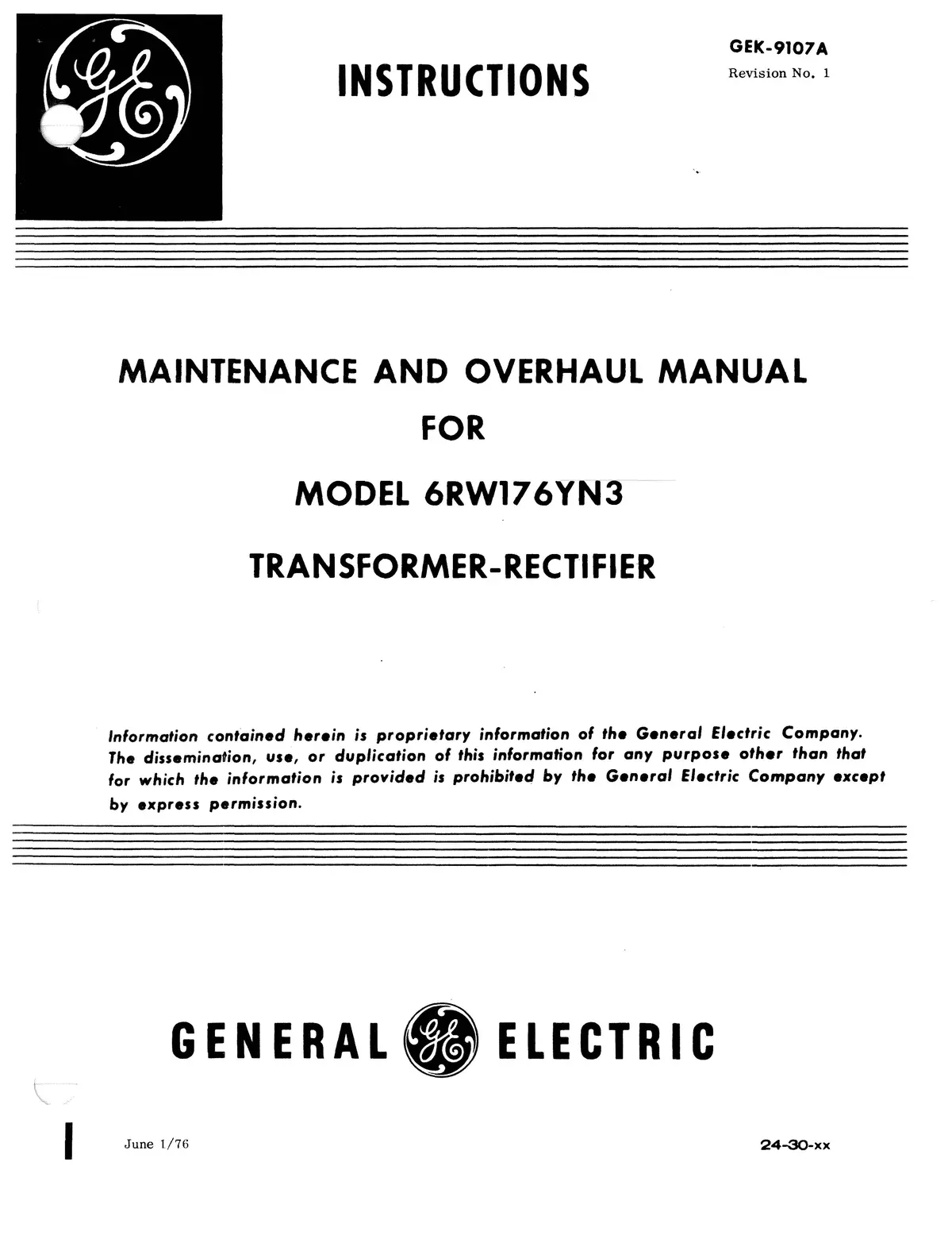 General Electric Transformer-Rectifier Model 6Rw176yn3 Maintenance & Overhaul 1