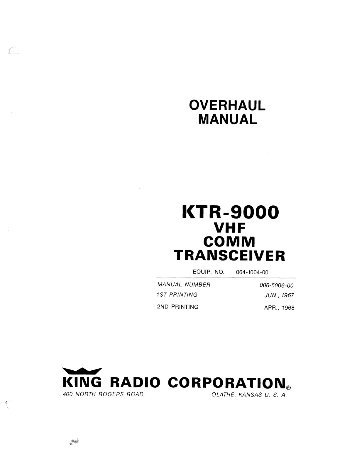 King Ktr-900 Vhf Comm Transceiver Overhaul Manual (006-5006-00) 1