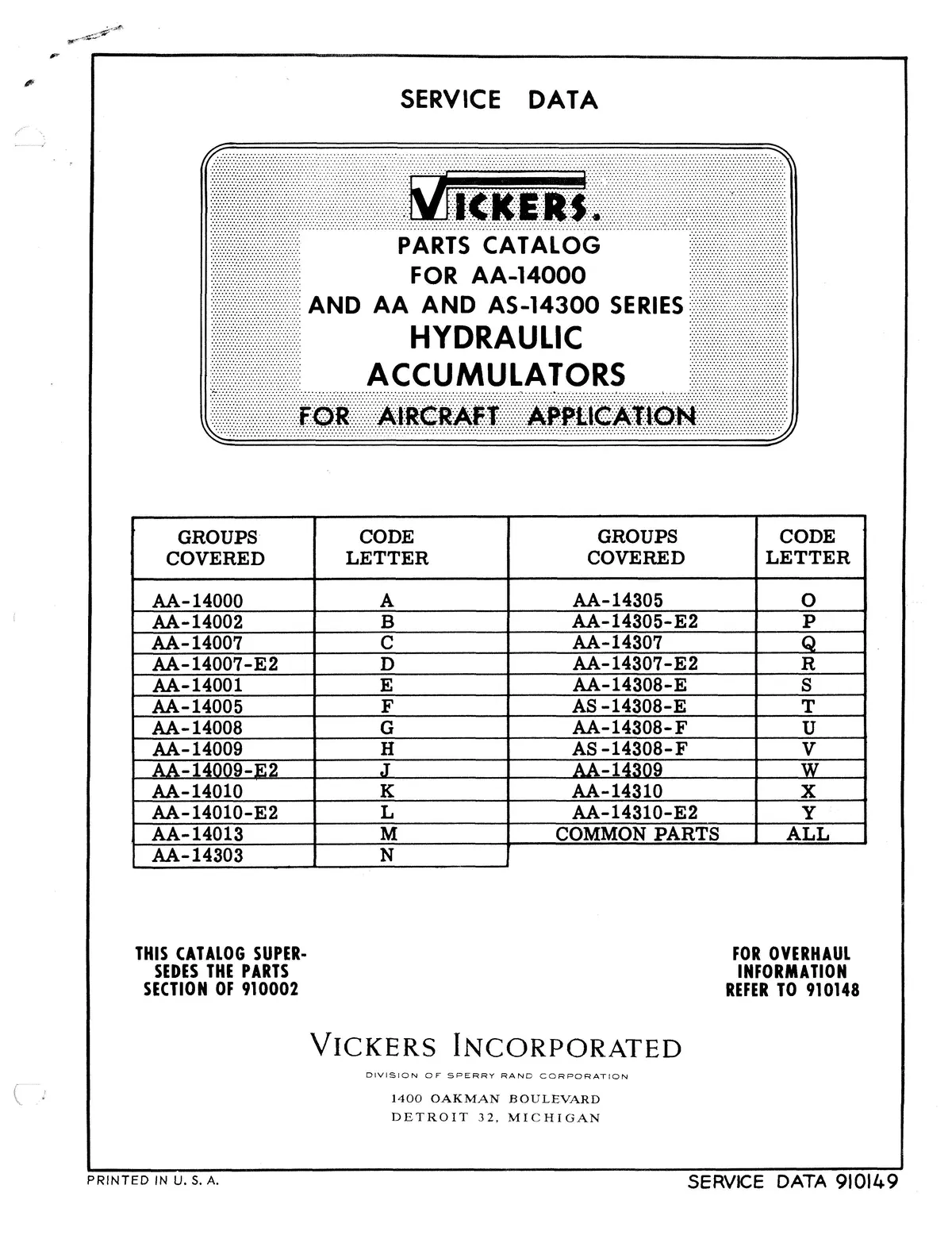 Vickers Hydraulic Accumulators Aa-14000, Aa-14300 & As-14300 Parts Catalog 1