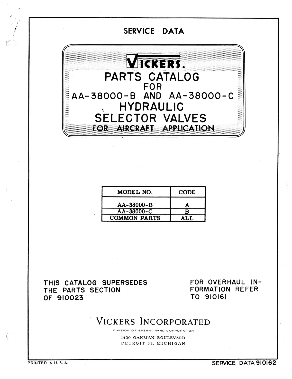 Vickers Hydraulic Selector Valves Aa-38000-B, Aa-38000-C Illustrated Parts Catalog 1