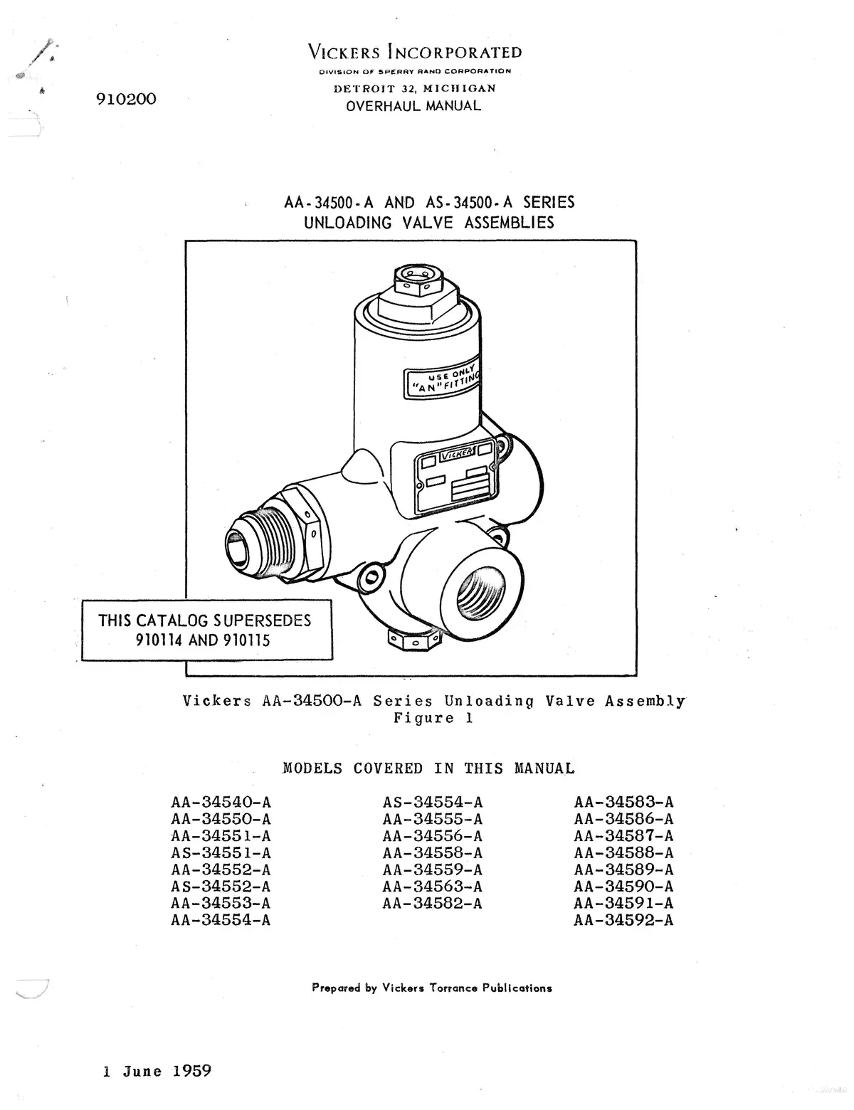 Vickers Unloading Valve Assemblies Aa-34500-A And As-34500-A Series Overhaul And Parts Manual 1