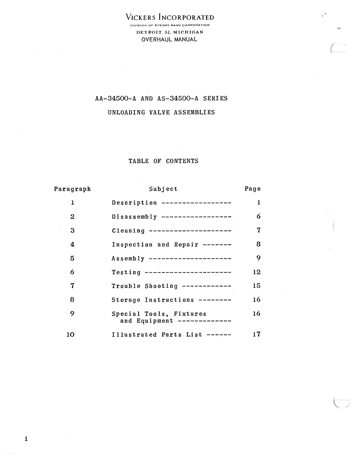 Vickers Unloading Valve Assemblies Aa-34500-A And As-34500-A Series Overhaul And Parts Manual 2