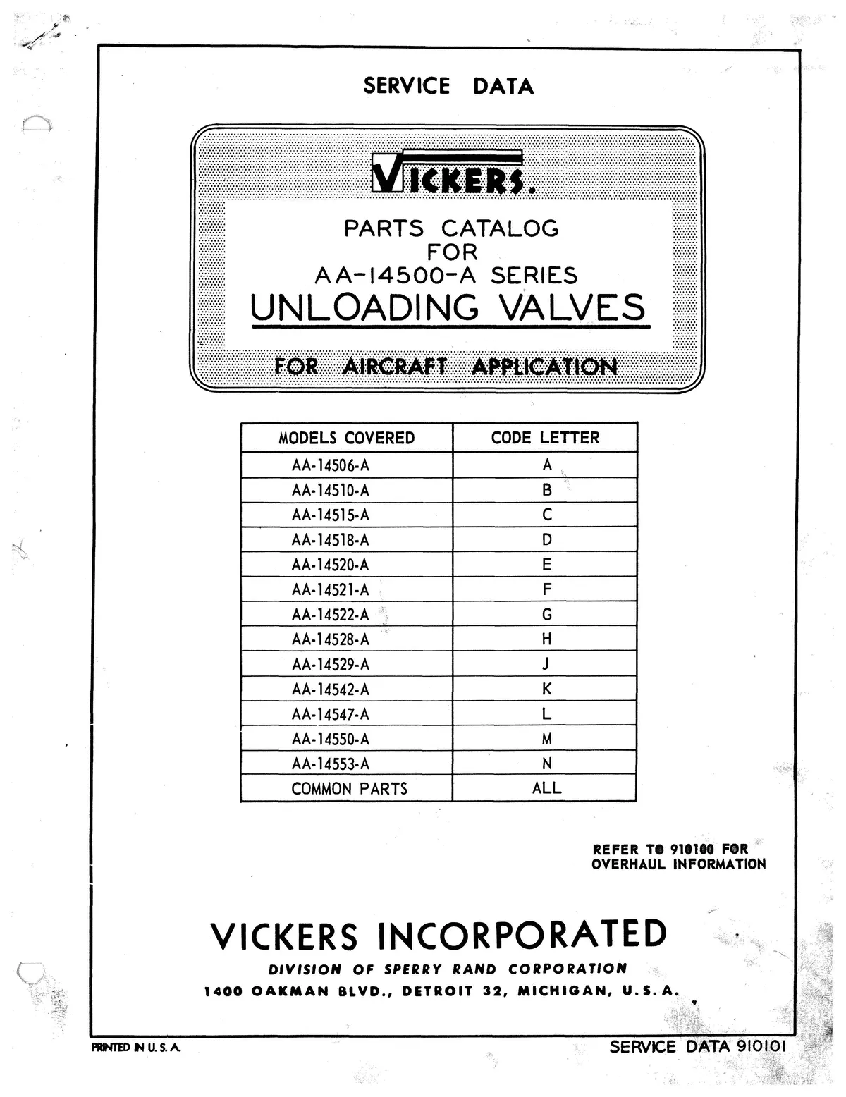 Vickers Unloading Valves Aa-14500-A Series Parts Catalog 1