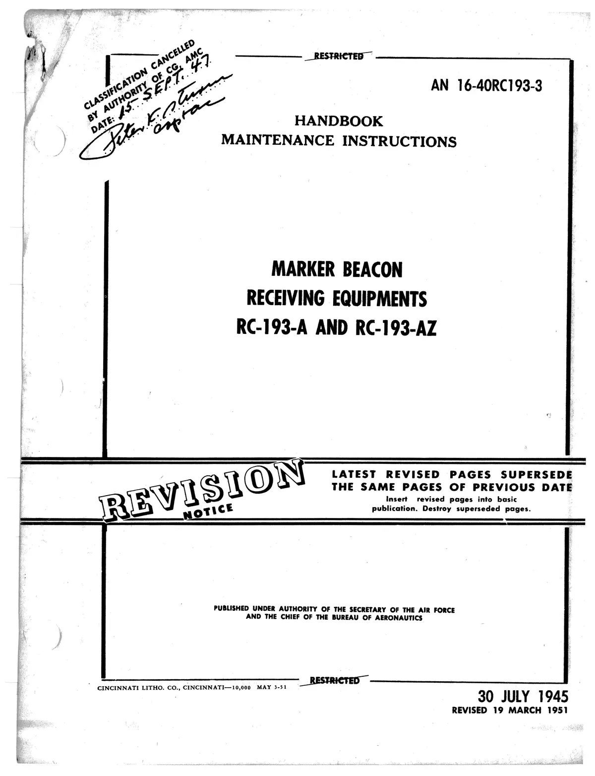 Marker Beacon Receiving Equipment Rc-193A & Rc-193-Az Maintenance Instructions An 16-40Rc193-3 1