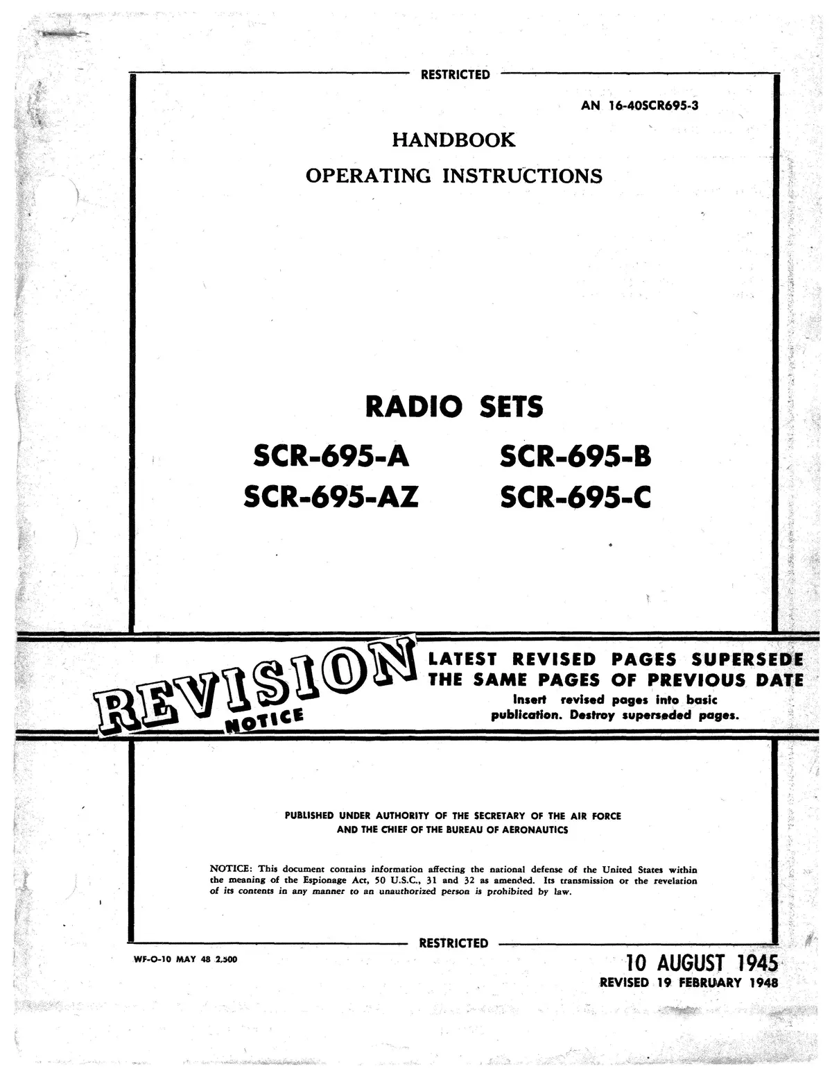 Radio Sets Scr-695-A, -Az, -B, -C Operating Instructions An 16-40Scr695-3 1
