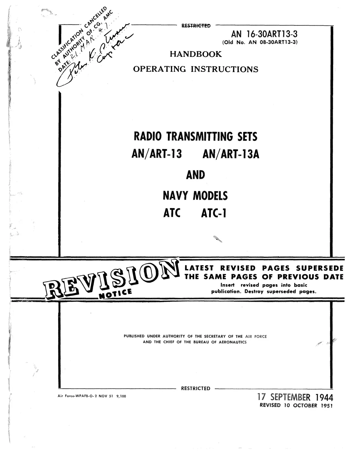 Radio Transmitting Sets An/Art-13, -13A, Atc, Atc-1 Operating Instructions An 16-30Art13-3 1