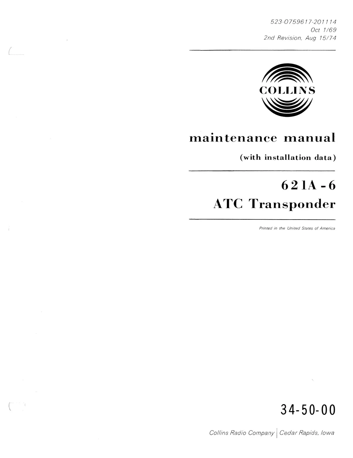 Collins 621A-6 Atc Transponder Maintenance Manual With Installation Data 523-0759617-201114 1