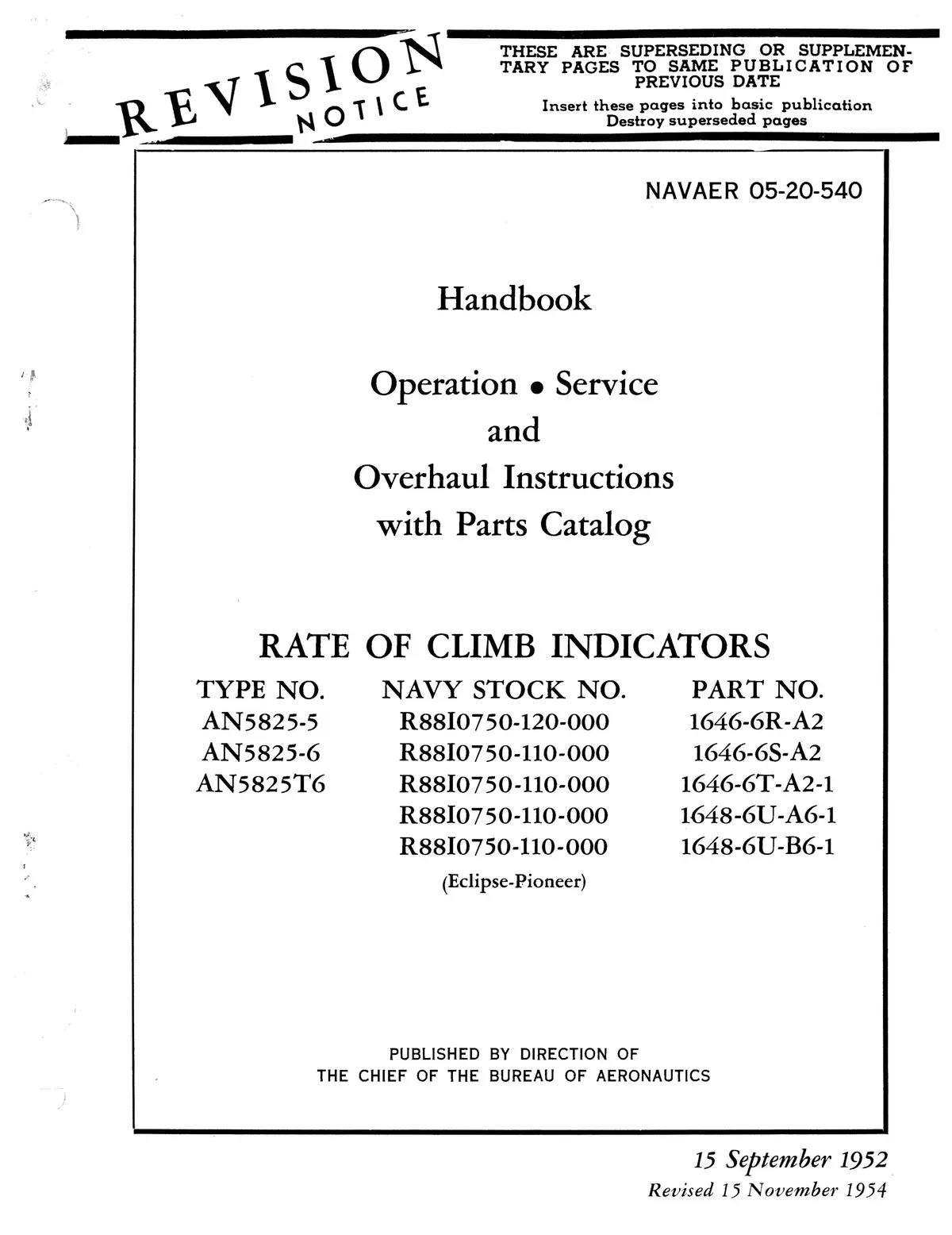 Eclipse-Pioneer Rate Of Climb Indicators An5825-5, -6, An5825t6 Service, Overhaul, Parts 05-20-540 1