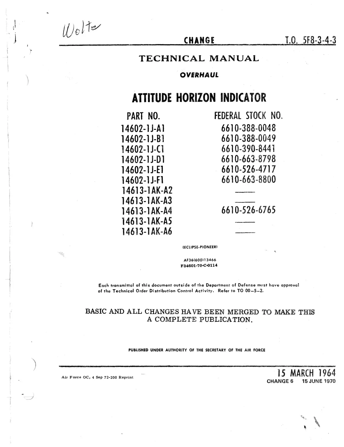 Eclipse-Pioneer Attitude Horizon Indicator Part No. 14602, 14613 Overhaul Manual To 5F8-3-4-3 1