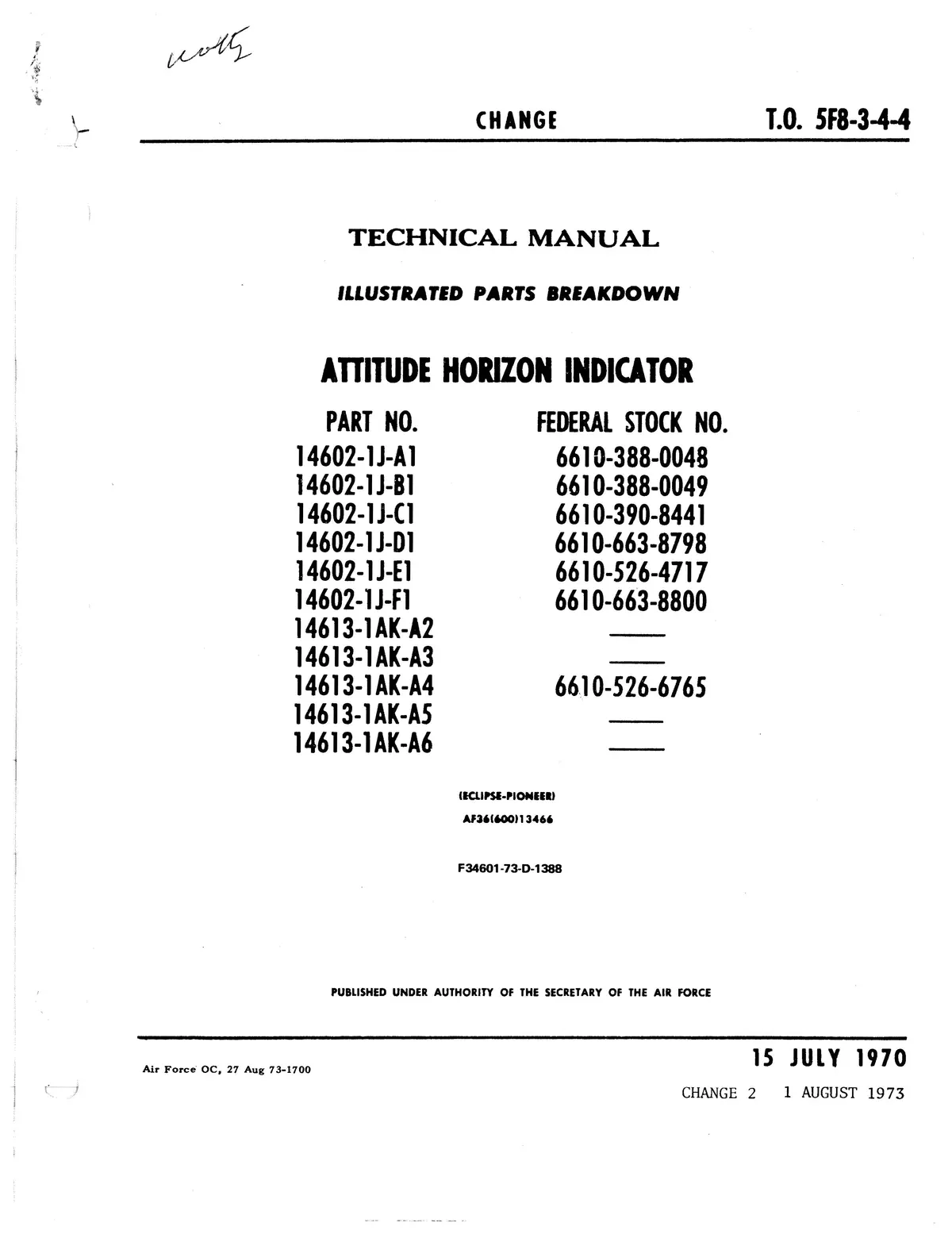 Eclipse-Pioneer Attitude Horizon Indicator Part No. 14602, 14613 Parts Catalog To 5F8-3-4-4 1