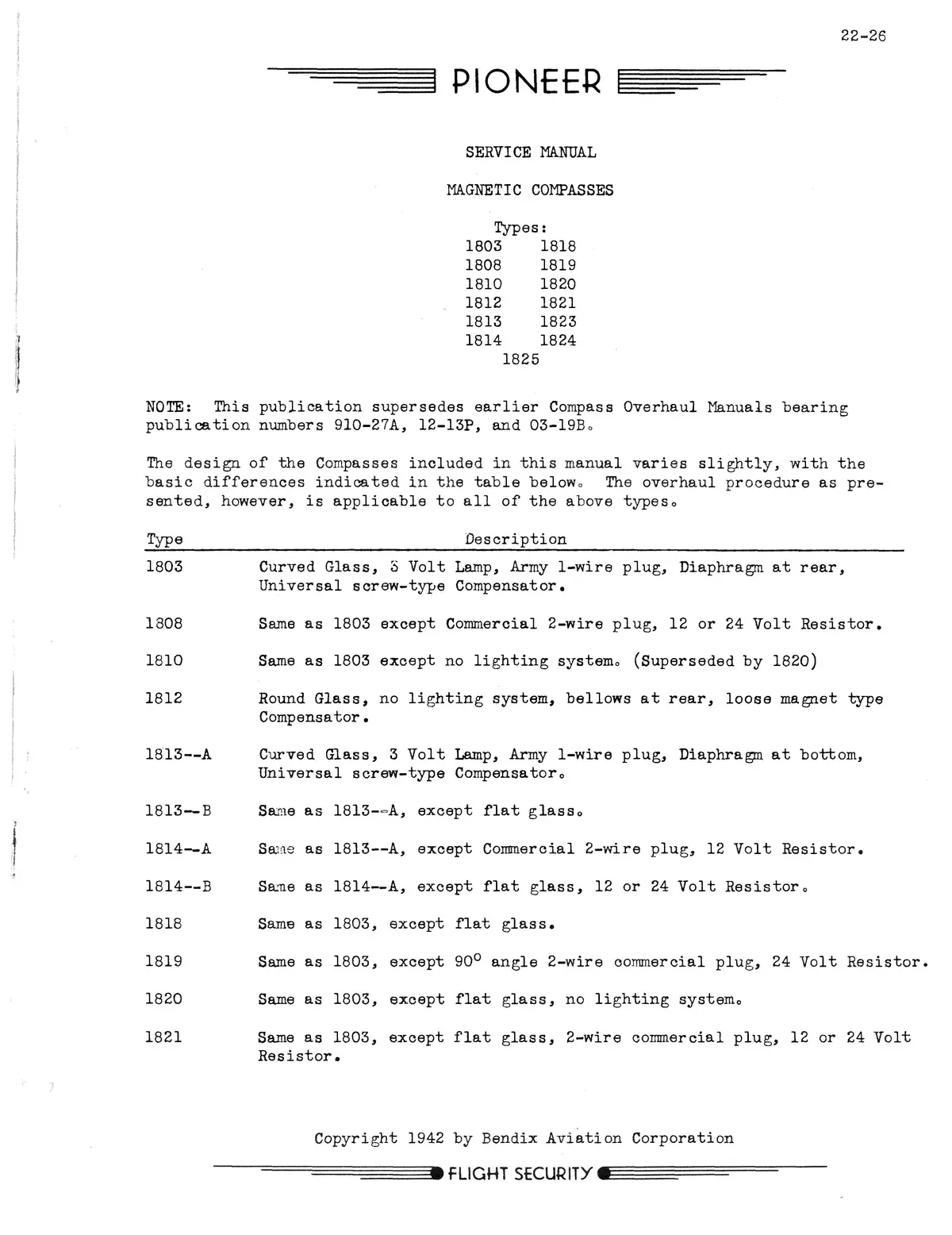 Bendix Magnetic Compasses Types 1803, 1808, 1810, 1812, 1813, 1814, 1818, 1819, 1820, 1821, 1823, 1824, 1825 Service Manual 1