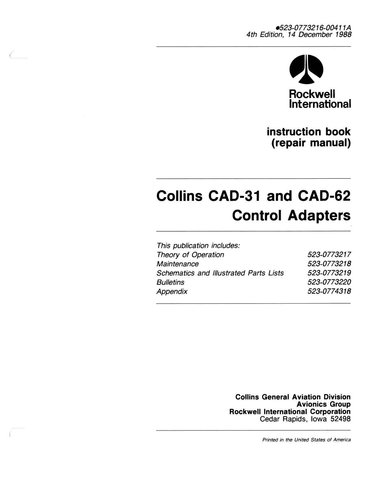 Collins Cad-31 & Cad-62 Control Adapters Instruction Book (Repair Manual) 523-0773216-00411A 1