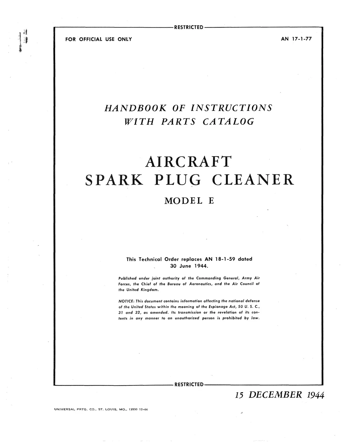 Aircraft Spark Plug Cleaner Model E Instructions With Parts Catalog An 17-1-77 1