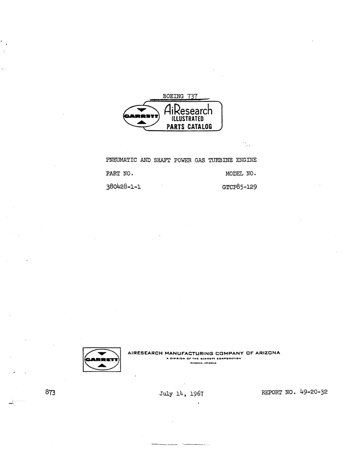 Garrett Gtcp85-129 Pneumatic And Shaft Power Gas Turbine Engine Illustrated Parts Catalog 1