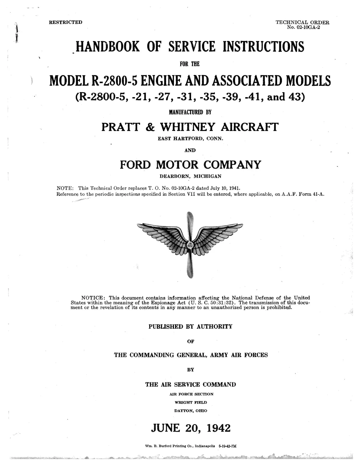 Pratt & Whitney R-2800-5, -21,-27, -31, -35, -39, -41, -43 Service Instructions 02-10Ga-2 1