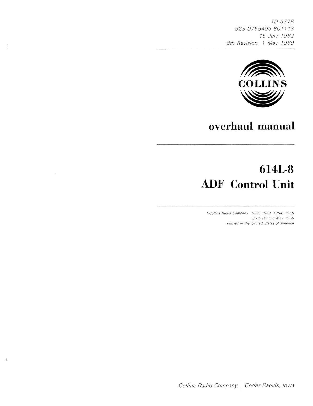 Collins 614L-8 Adf Control Unit Overhaul Manual 523-0755493-801113 1
