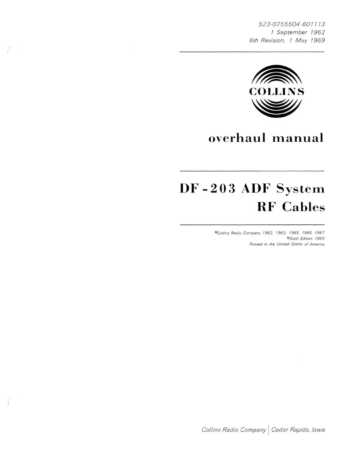 Collins Df-203 Adf System Rf Cables Overhaul Manual 523-0755504-601113 1
