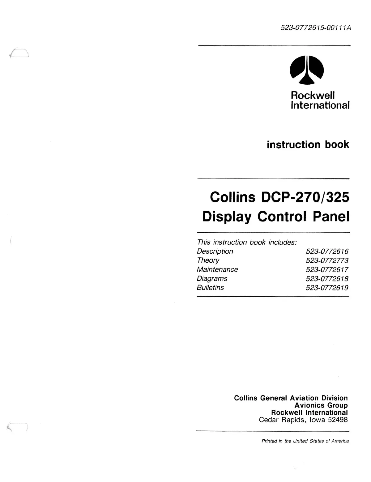 Collins Dcp-270/325 Display Control Panel Instruction Book 523-0772615-00111A 1