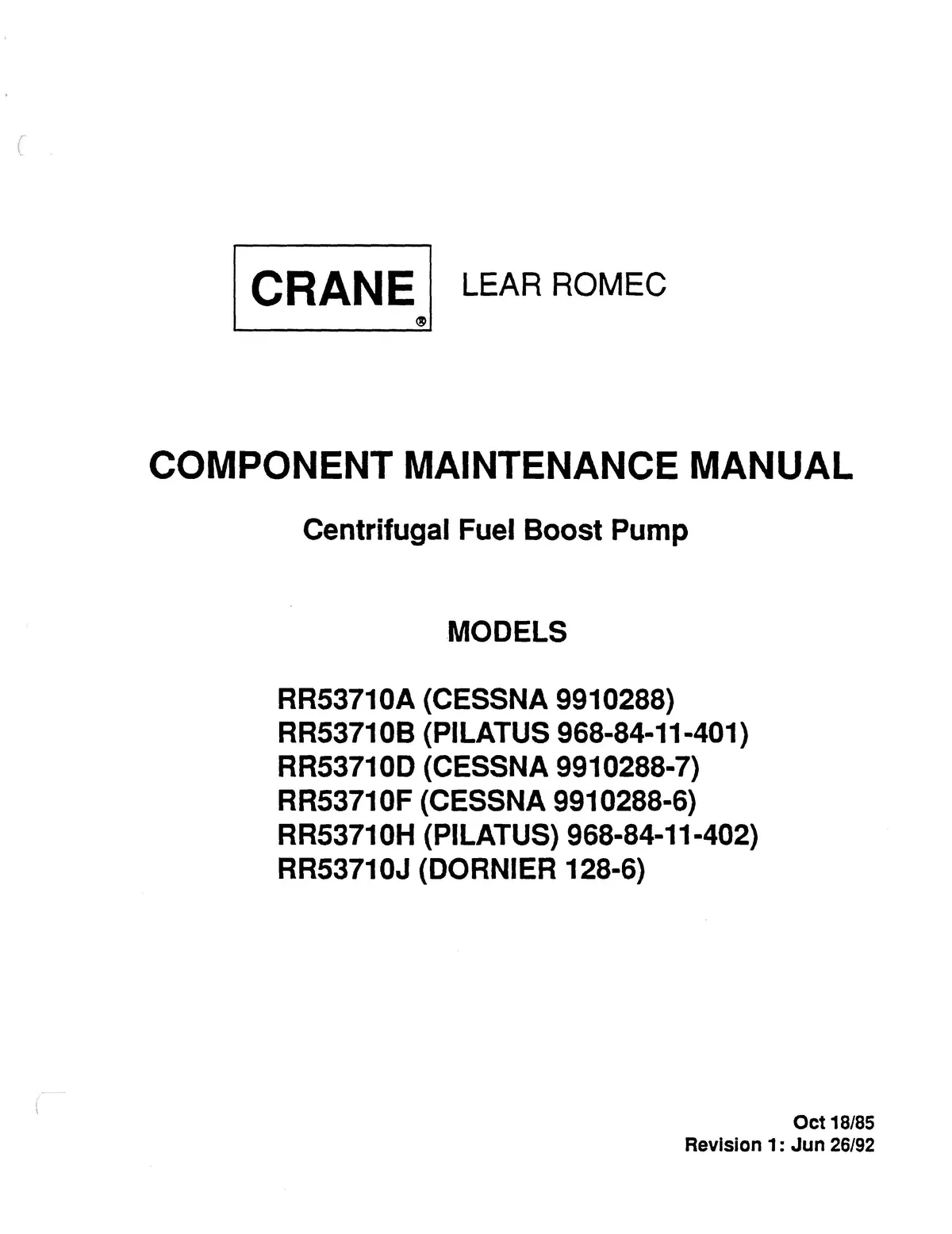 Lear Romec Centrifugal Fuel Boost Pump Rr53710a, B, D, F, H, J Component Maintenance Manual 1