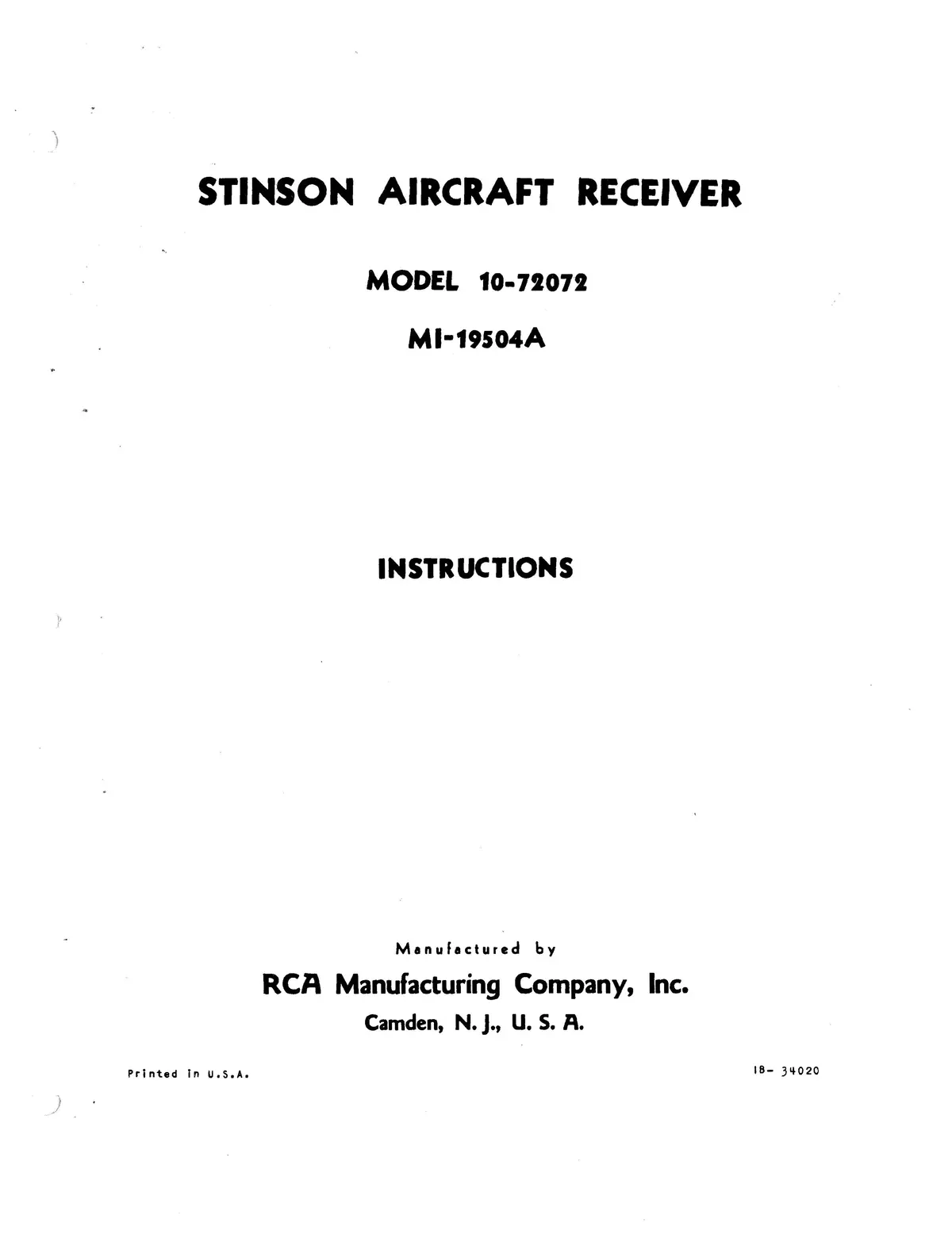 Rca Model 10-72072 Stinson Aircraft Receiver Instructions 1