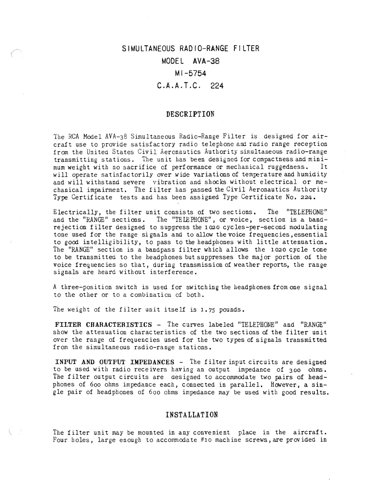 Rca Ava-38 Simultaneous Radio-Range Filter Instructions 1