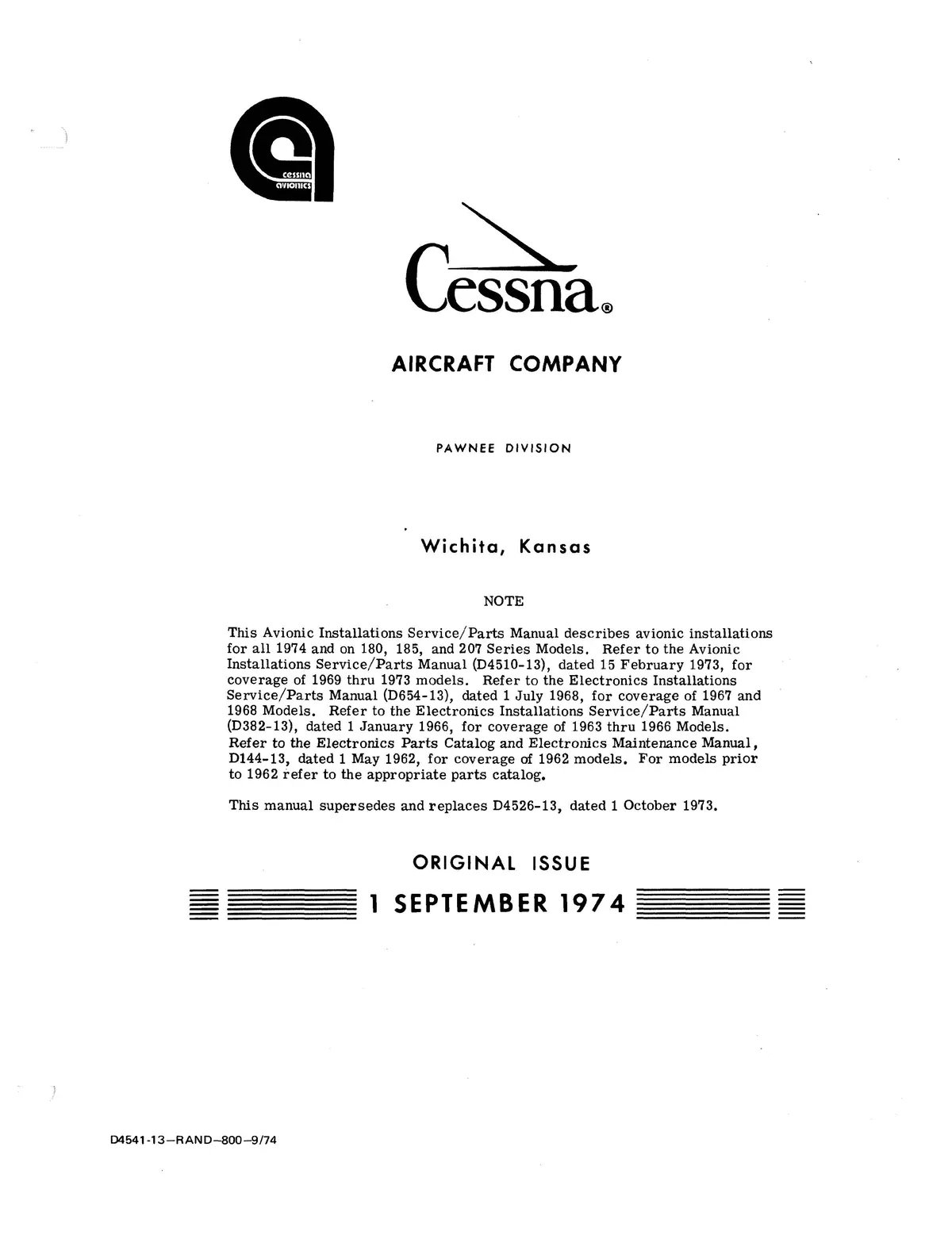 Cessna Avionic Installations Models 180/185/207 Series 1974-75 Service/ Parts Manual 1