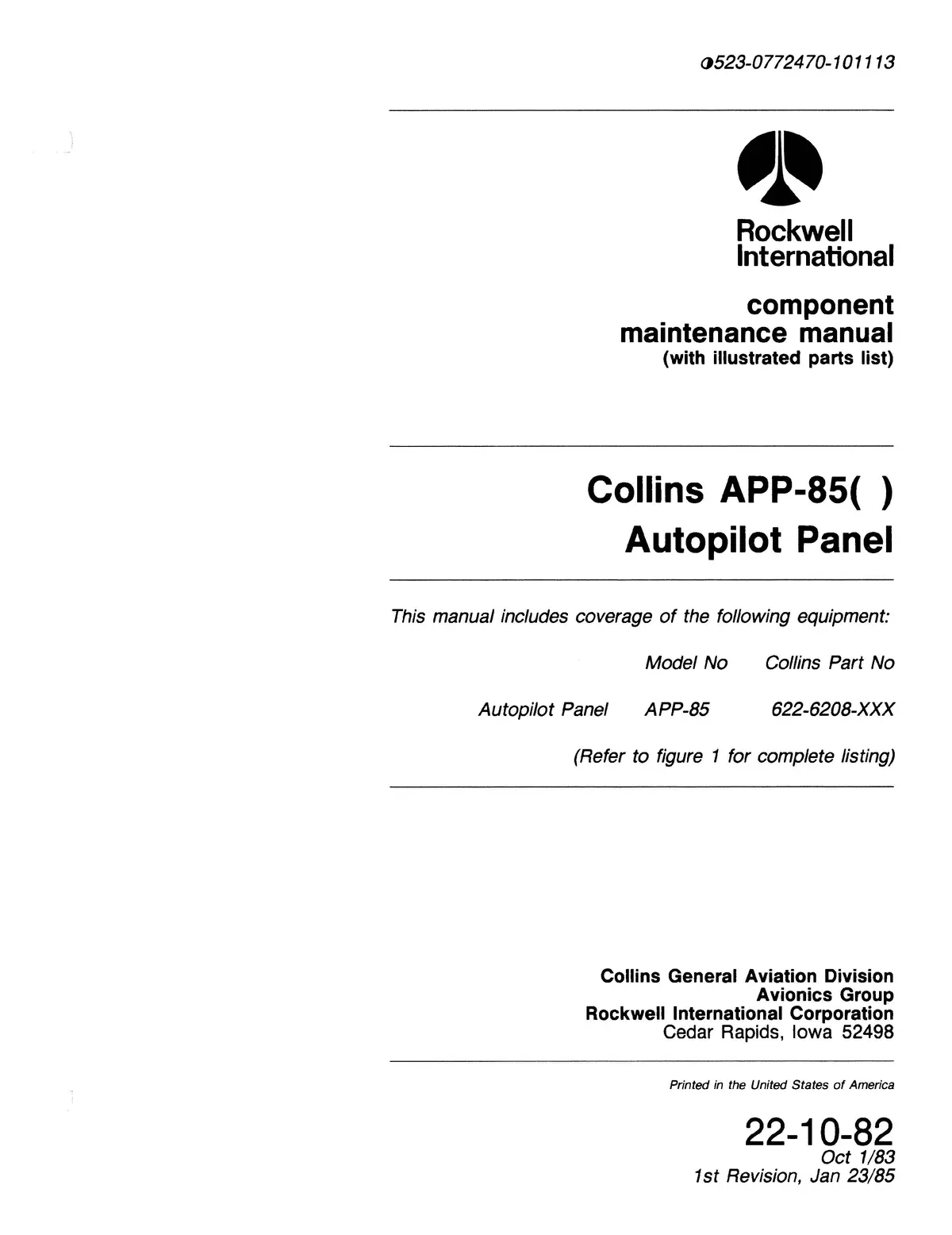 Collins App-85( ) Autopilot Panel Component Maintenance Manual With Illustrated Parts 523-0772470-101113 1