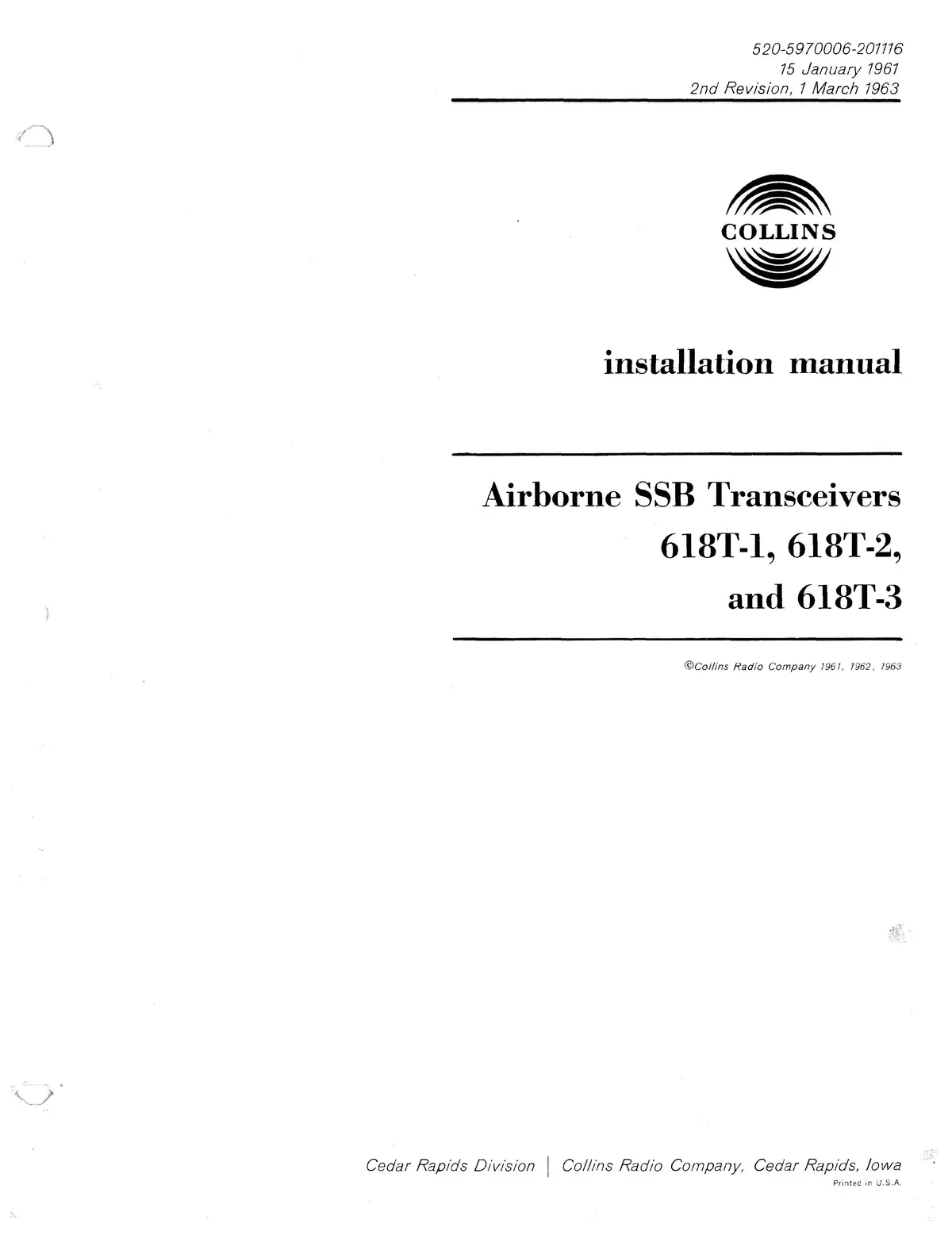 Collins Airborne Ssb Transceivers 618T-1, 618T-2, 618T-3 Installation Manual 520-5970006-201116 1