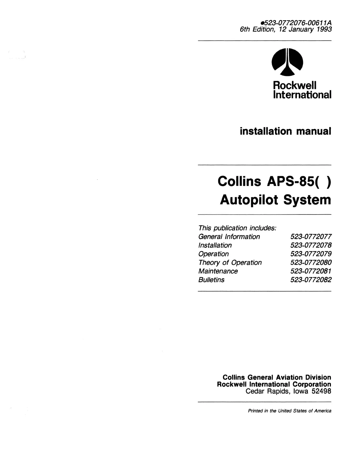 Collins Aps-85( ) Autopilot Installation Manual 523-0772076-00611A 1