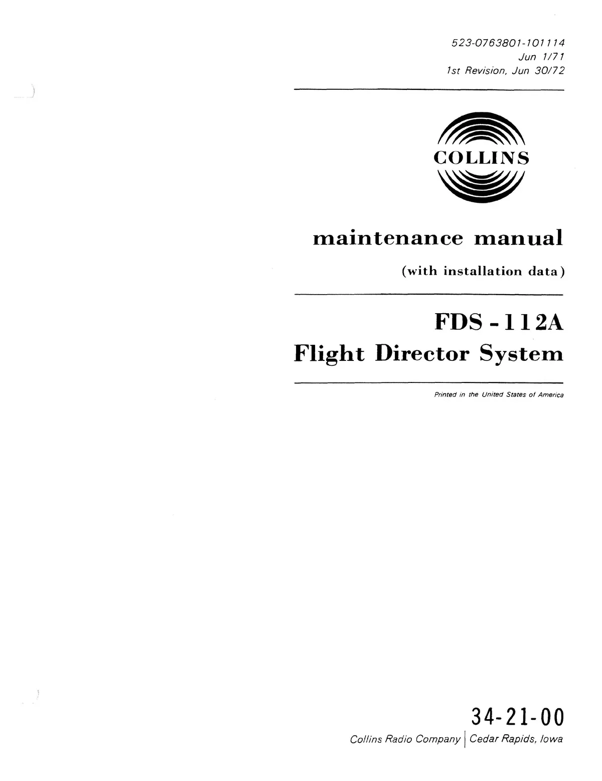 Collins Fds-112A Flight Director System Maintenance Manual With Installation Data 523-0763801-101114 1