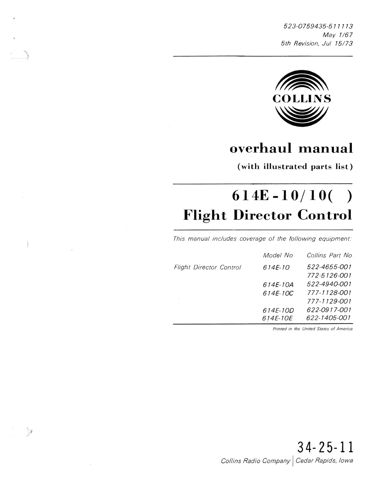 Collins 614E-10/10( ) Flight Director Control Overhaul Manual With Parts List 523-0759435-511113 1