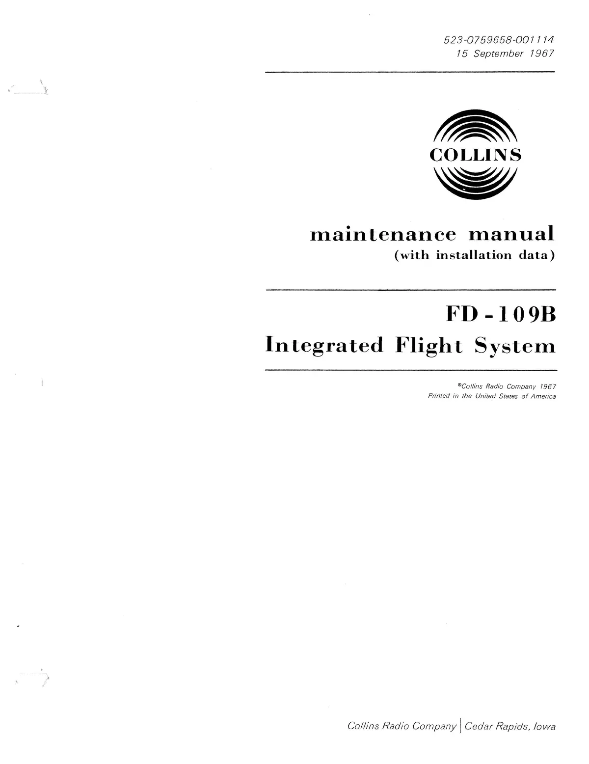 Collins Fd-109B Integrated Flight System Maintenance Manual With Installation Data 523-0759658-001114 1