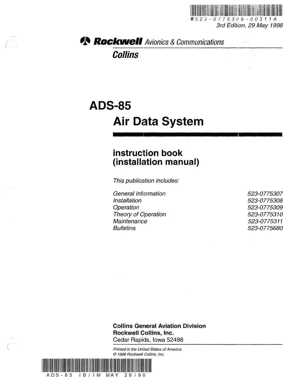 Collins Ads-85 Air Data System Installation Manual 523-0775306-00311A 1