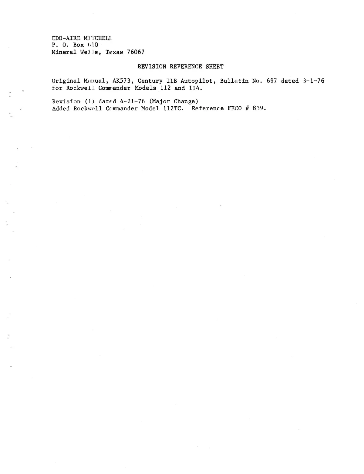 Edo-Aire Mitchell Ak573 Century Iib Autopilot Bulletin No. 697 Installation Manual 2