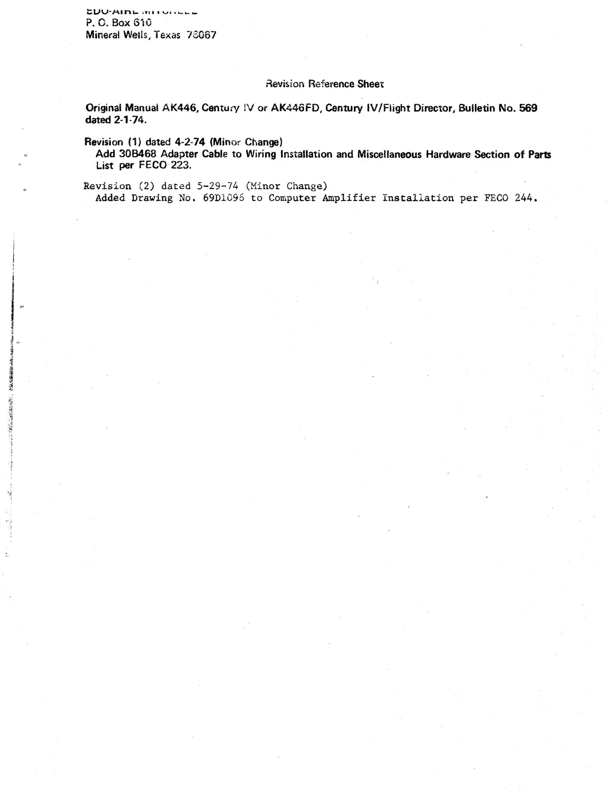 Edo-Aire Mitchell Ak446, Ak446fd Century Iv Flight Director Bulletin No. 569 Installation Manual 2