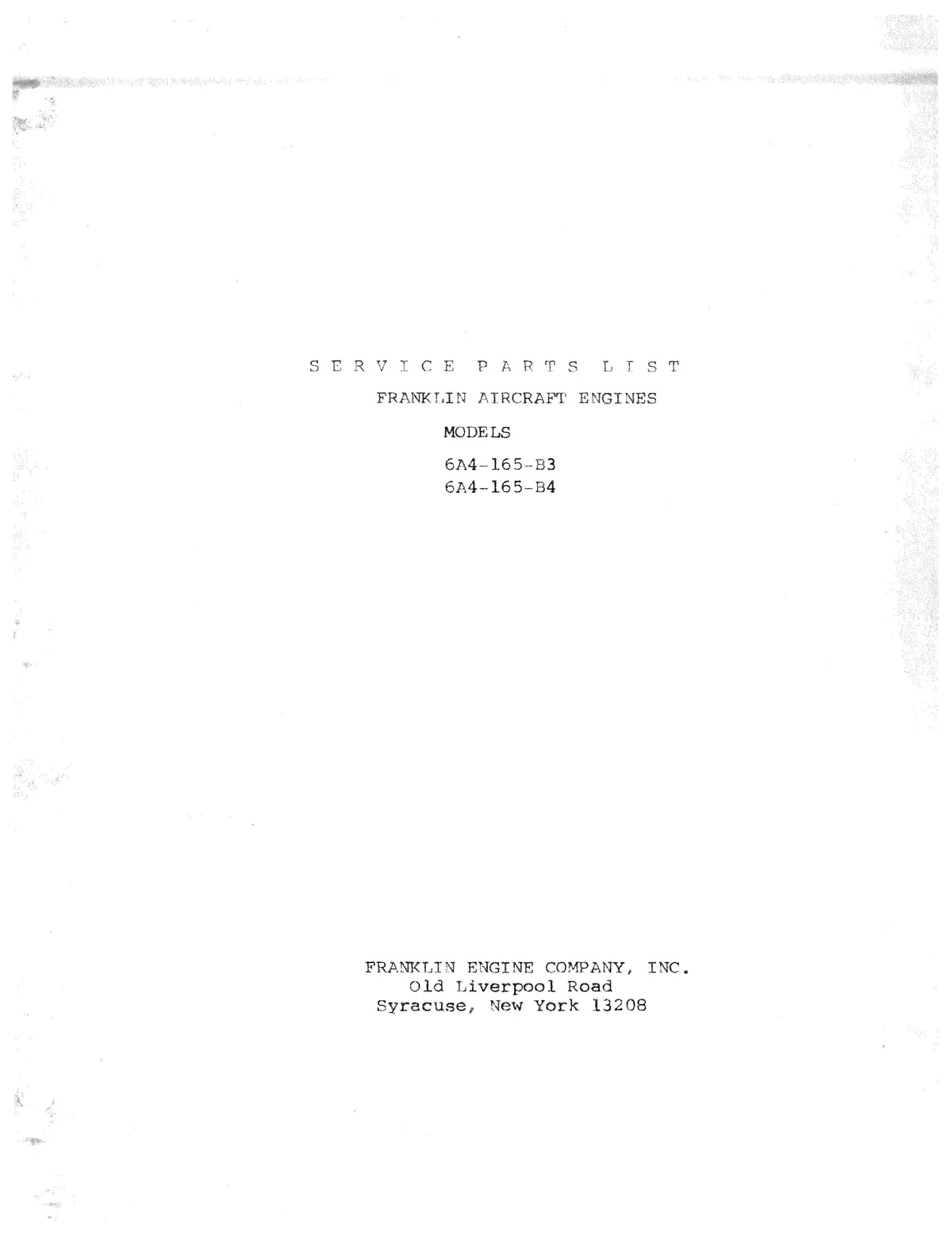 Franklin 6A4-165-B3, -B4 Service Parts List Not Illustrated 1